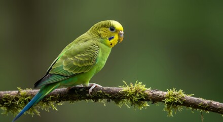 Close-up of a Green Parakeet Budgie Perching on a Thin Mossy Branch with Lush Green Background, Commercial Nature Stock Photo
