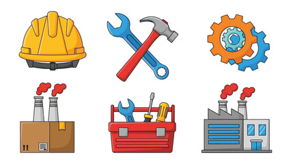 Industrial tools and factory icons: A collection of illustrations showcasing industrial tools, machinery, and factory elements, emphasizing precision, construction and production.