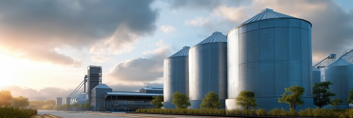 Obraz premium Industrial grain silos at sunrise with scenic sky