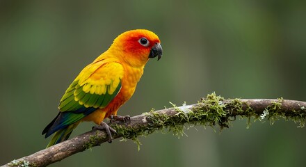 Fototapeta premium Sun Conure Aratinga Solstitialis Sitting on Moss-Covered Tree Limb, Colorful Exotic Parrot in Lush Tropical Forest Setting for Wildlife and Nature Concepts