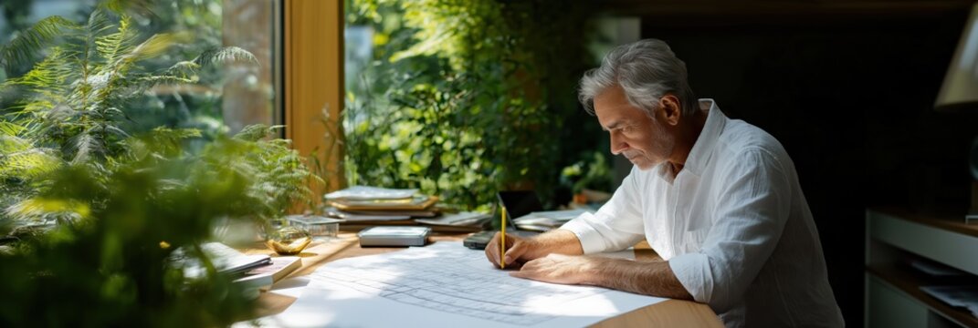 Elderly caucasian male architect designing blueprint in sunlit office