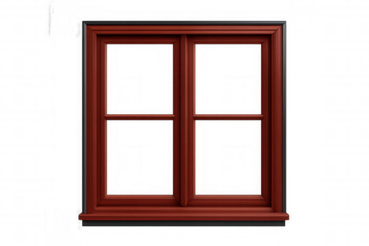 Weathered red wooden window frame against transparent backdrop, highlighting architectural details and design potential