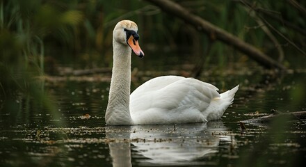 Fototapeta premium Mute Swan Swimming in Dark Shady Wetland Pond, Cinematic Profile of White Swan with Elegant S-Curved Neck