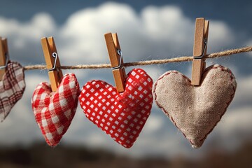 Whimsical Hearts on String: Handcrafted Love Adorned with Chequered Linen and Clothespins