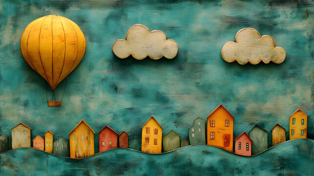 A whimsical painting featuring a yellow hot air balloon over a colorful village landscape art - Powered by Adobe