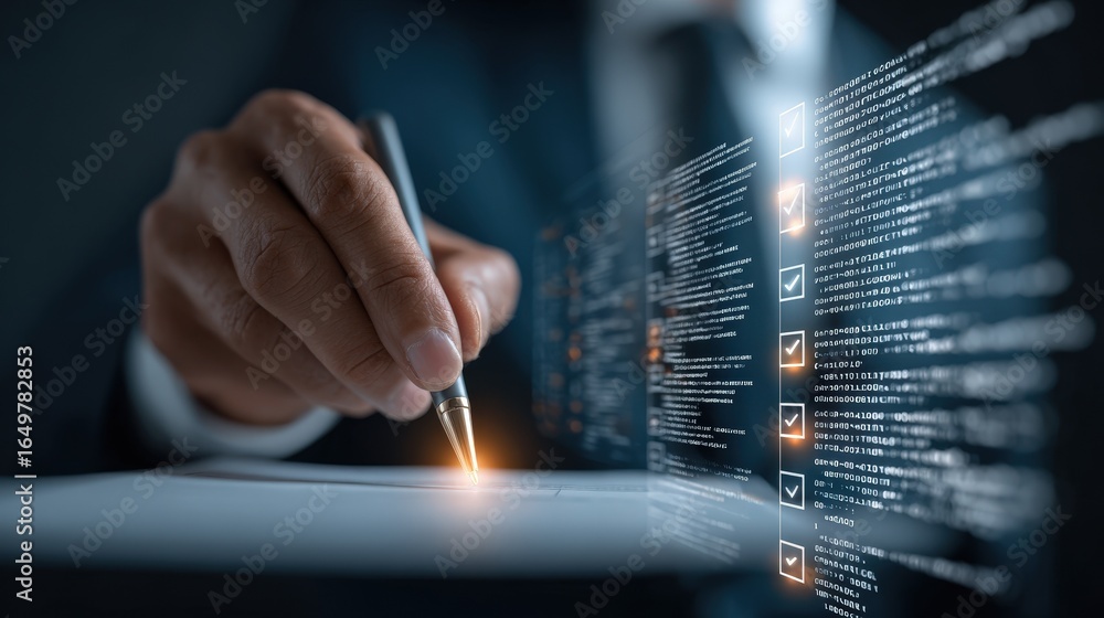 Poster businessperson signing document with digital code and checkmarks appearing technological innovation 
