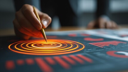 Hand draws glowing concentric circles on financial charts depicting business strategy and target achievement