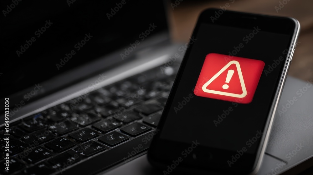 Poster smartphone displaying a red warning alert symbol next to a laptop computer digital security alert co