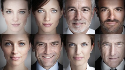 Obraz premium Diverse Business Team Faces: A Close-Up Collage of Professionals in a Collaborative Setting