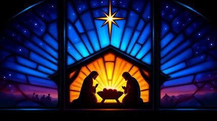 Vibrant Stained Glass Nativity Scene with Holy Family Christmas Design