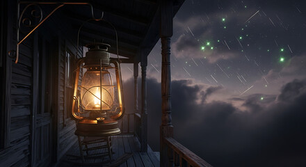 Illuminated lantern on a porch with a view of a starry night and some wispy clouds in the sky above ai generated