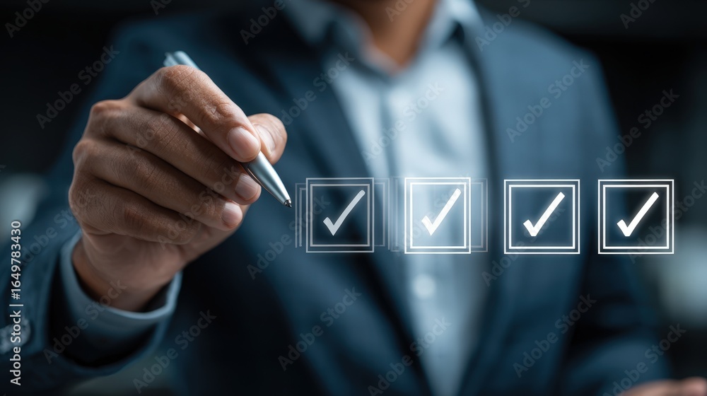 Poster businessperson checking off items on a digital checklist using a pen a concept of task completion an