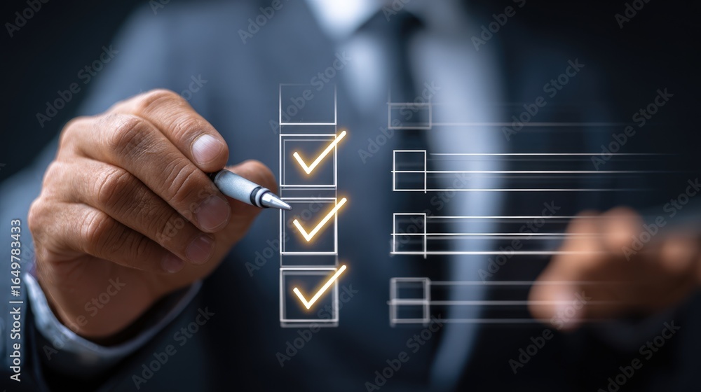 Poster businessperson completing checklist task using digital pen interface for project management and task