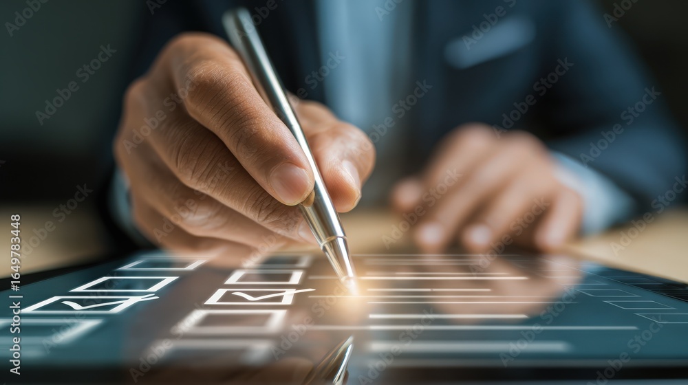 Poster businessperson completing checklist on digital tablet using stylus pen a close up image showing onli