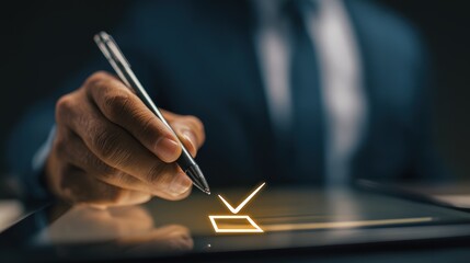 Close up of a hand using a stylus to check a box on a digital tablet screen signifying approval or completion of a task