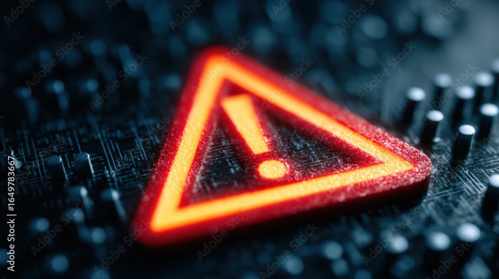 Poster glowing red warning alert sign on circuit board system error concept image