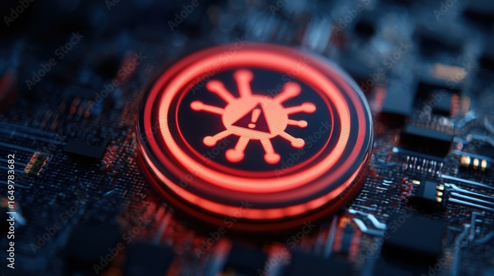 Poster cyber security warning alert digital virus icon glowing red on circuit board technology background
