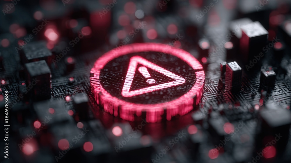 Poster cyber security alert red warning sign on circuit board digital risk and system failure concept