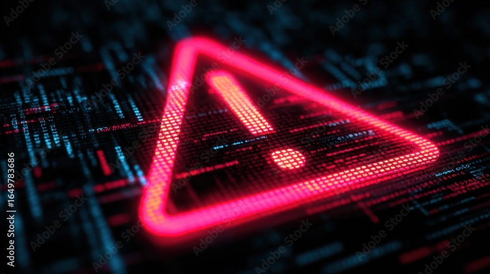 Poster glowing red warning alert exclamation mark on digital code background cybersecurity risk concept ima