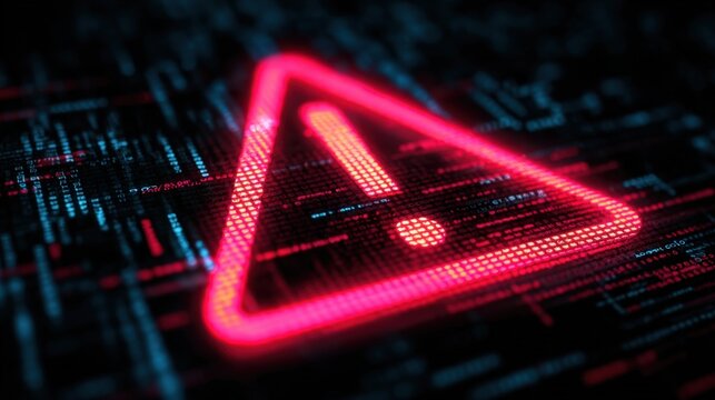 Glowing Red Warning Alert Exclamation Mark on Digital Code Background Cybersecurity Risk Concept Image