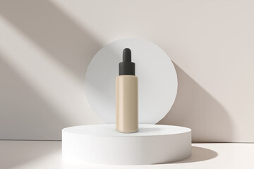 A beige dropper bottle with a black cap for foundation or serum, on a white podium. This minimalist...