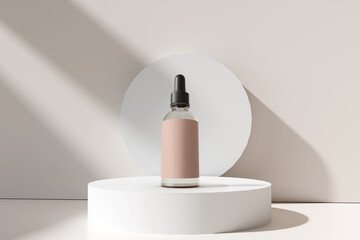 A clear glass dropper bottle with a blank pink label on a white podium. A minimalist cosmetic...