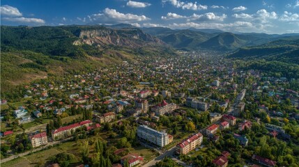 Fototapeta premium Vibrant Exalted Aerial Perspective of Khust's Colorful Residential District Surrounded by Mountains and Greenery