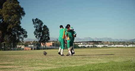 Chasing incoming fly ball, Diverse male teammates diving on diamond securing ball in glove hugging