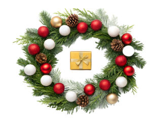 Christmas wreath with golden gift box isolated on transparent background