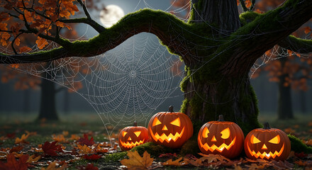 Halloween pumpkins under a spiderweb on a tree with autumn leaves in a spooky forest scene ai generated