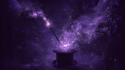 Magic hat within magic wand with electric purple mist, thick with an ethereal glow cosmic atmosphere. magic hat with magic wand with a soft, enchanting dark magic starlight mystical blur background