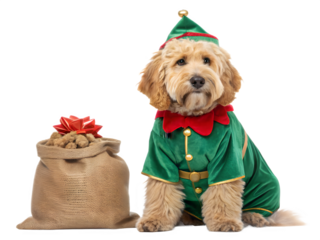 Cute golden doodle dog wearing a christmas elf costume with a gift bag isolated on transparent background