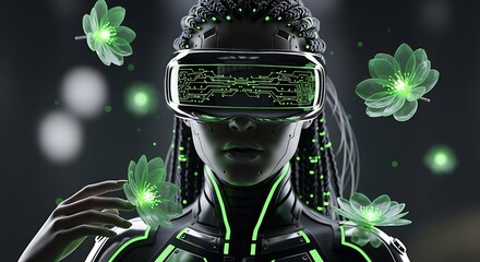Futuristic cyberpunk portrait of a woman wearing reflective VR goggles displaying a vivid cosmic scene with galaxies, planets, and nebulae, surrounded by glowing green neon leaves and luminous wires
