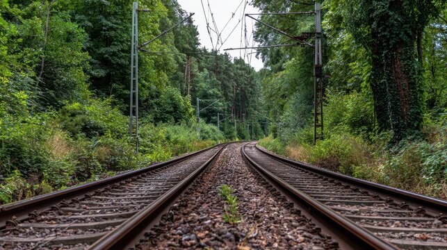 Dual Train Path: Two Railway Tracks Stretching Through a Lush Green Forest Into the Horizon
