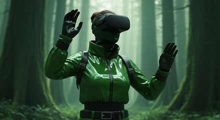 Futuristic cyberpunk portrait of a woman wearing reflective VR goggles displaying a vivid cosmic scene with galaxies, planets, and nebulae, surrounded by glowing green neon leaves and luminous wires