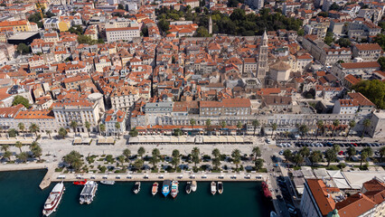 Aerial view of the historic center of the tourist city of Split in Croatia. View from above of the city walls and Diocletian's Palace on a summer day