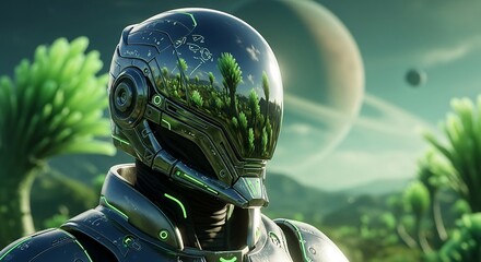 Futuristic cyberpunk portrait of a woman wearing reflective VR goggles displaying a vivid cosmic scene with galaxies, planets, and nebulae, surrounded by glowing green neon leaves and luminous wires