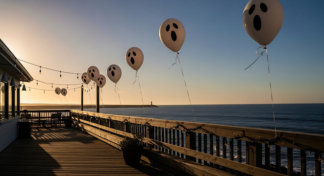 Ghost balloons floating on a pier overlooking the ocean at sunset with string lights overhead and a building ai generated