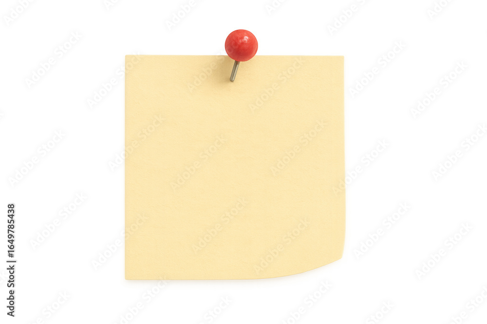 Poster yellow sticky note fastened by red push pin, floating against transparent background for clear, mini