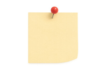 Yellow sticky note fastened by red push pin, floating against transparent background for clear, minimalist messaging and note-taking