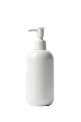 White plastic bottle with pump dispenser against black background.