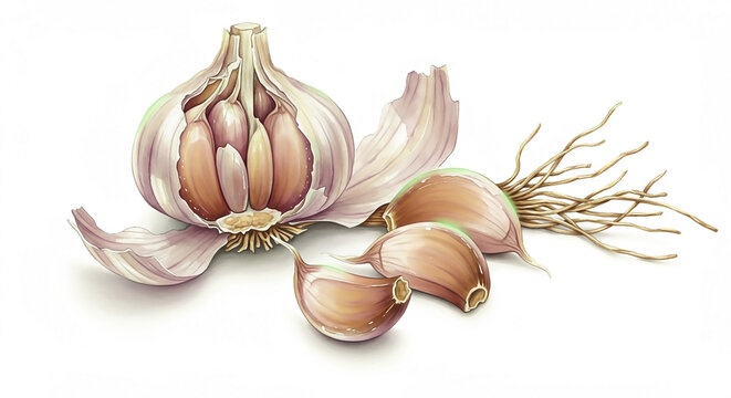 A detailed artistic illustration of a deconstructed garlic bulb, with glowing cloves and visible roots isolated on a white background.