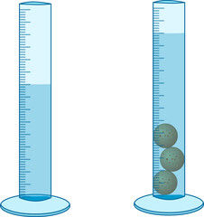 Volume measurement, displacement demonstration measurement. Archimedes principle. sphere objects in water, buoyant force. Transparent glass containers. Vector illustration