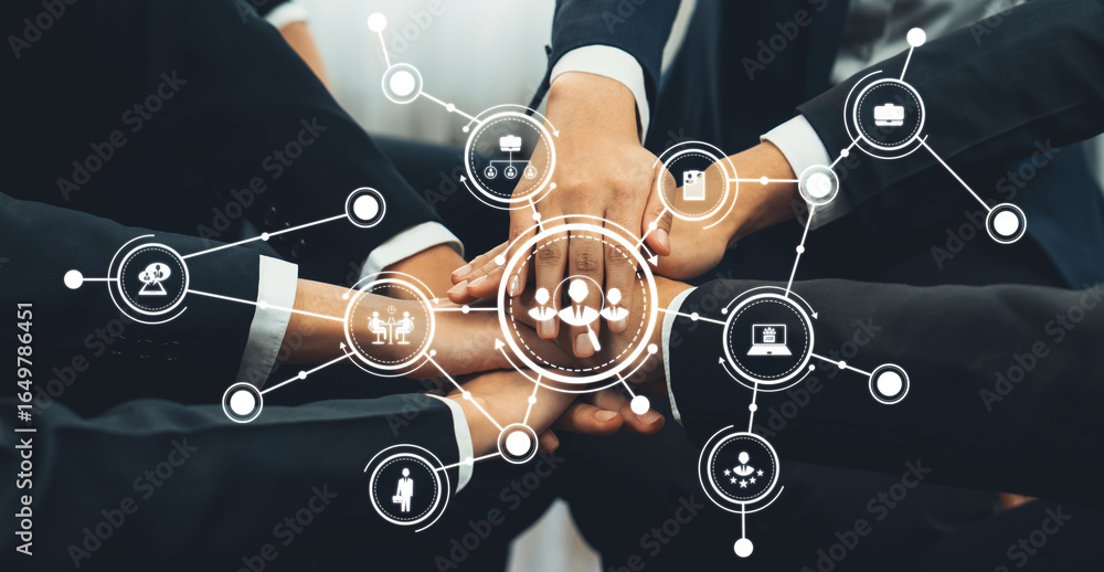 Poster a close-up view of diverse business professionals' hands working collaboratively, highlighted by dig