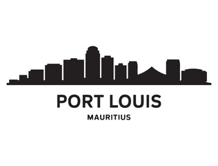 Fototapeta premium Port Louis skyline horizontal banner. Port Louis, Mauritius. Vector template for your design. Vector black silhouette. with white background