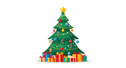 A decorated Christmas tree with a star on top, adorned with ornaments and lights, surrounded by colorful gift boxes.