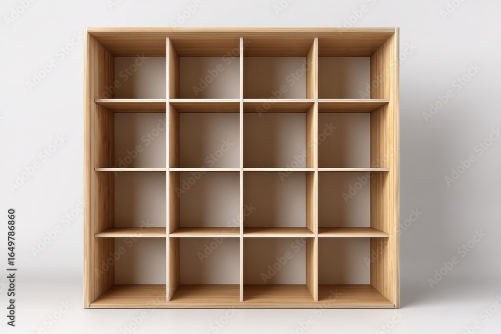 Poster isolated wooden cupboard: three-dimensional design of an empty bookcase with boxed compartments