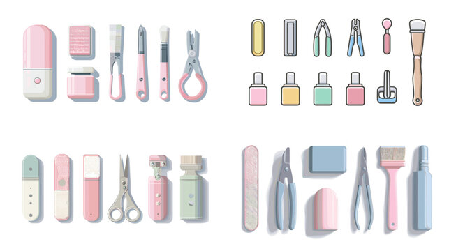 Cute pastel illustration set of manicure and nail care tools including scissors, clippers, files, and polish bottles. Perfect for beauty, spa, and self-care concepts. - Powered by Adobe