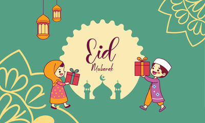 Happy Eid Mubarak poster Islamic Mosque Background. Greeting Card Design for Islamic religion,
