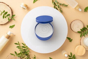 A natural skincare flat lay with a blue tin of cosmetic pads, various bottles, jars with wooden lids, green leaves, and wood slices on a beige background. Top view.